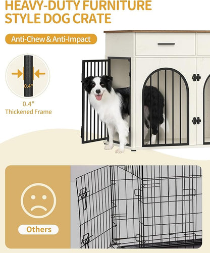 Hzuaneri 43.3'' Large Dog Crate Furniture with 2 Storage Drawers, Heavy Duty Dog Kennel Indoor with Charging Station, Wooden Dog Cage End Table Kennel for Medium/Large Dogs, White Brown DFC88214B