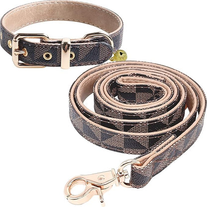 Dog Leather Collar and 4 ft Leash, KUDES Adjustable Basic Collar with Bell Checkered Pattern Durable Leather Collar and Leash with Metal Buckle for Small Medium Large Dogs