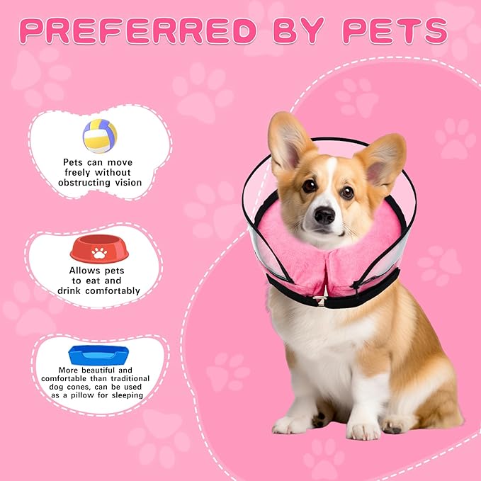 MRSOHRET Dog Cone, Dog Surgery Collar, Inflatable Cones for Small Medium Large Dogs, Pink Recovery Collar, Does not Impede Vision (L Pink)