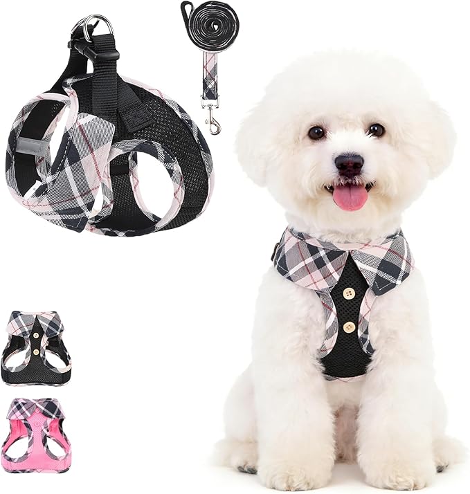 KOOLTAIL Small Dog Harness and Leash Set, Cute Puppy Harness, Step in No Pull Soft Mesh Pet Vest Harness Collar for Small Size Dogs Cats Boy Girl, Plaid Dog Halters for Outdoor Walking, Beige S