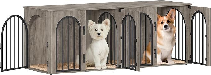 Hzuaneri 63" Dog Crate Furniture for 2 Dogs, Heavy Duty Indoor Dog Kennel TV Stand, L Wooden Dog Cage with Divider for Medium Large Dogs, End Table Dog Crate with Cushion, Greige Black DFC80905B