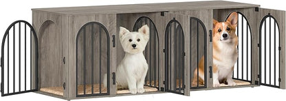 Hzuaneri 63" Dog Crate Furniture for 2 Dogs, Heavy Duty Indoor Dog Kennel TV Stand, L Wooden Dog Cage with Divider for Medium Large Dogs, End Table Dog Crate with Cushion, Greige Black DFC80905B