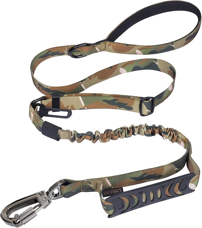 Hotsky Tactical Dog Leash Heavy Duty for Medium Large Dogs that Pull,4-6Ft Strong Bungee Shock Absorbing No Pull Dog Leash with Padded Double Handle and Car Seatbelt,CP