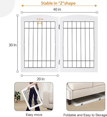 LZRS 2-Panel Freestanding Adjustable Wooden Dog Gate—30” Tall Foldable Pet Barrier with Support Feet, Solid Hardwood & Chew-Resistant Steel Wire for Doorways, Hallways, and Stairs, White