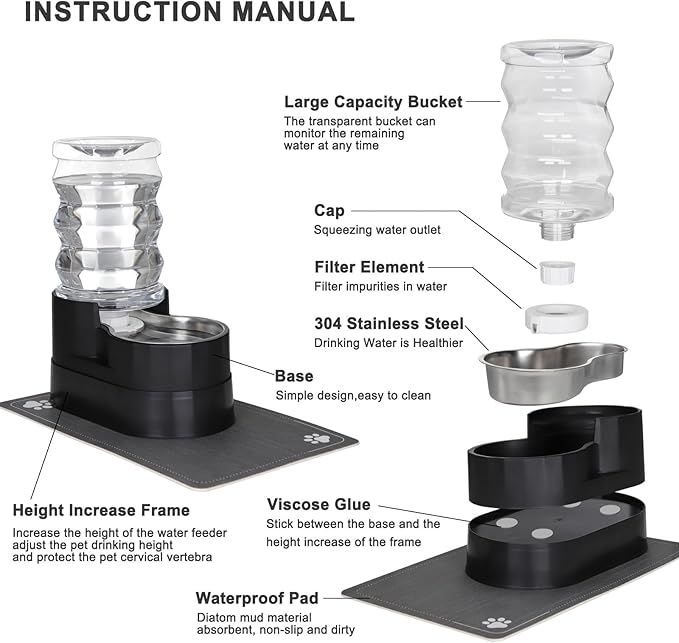 RIZZARI Automatic Dog Water Dispenser: 7L Black Stainless Steel Feeder with Auto-Refill - Elevated Design Eases Joint Strain for Senior Dogs - Leak-Resistant Base - Ideal for Livingroom Bedroom