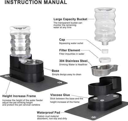 RIZZARI Automatic Dog Water Dispenser: 7L Black Stainless Steel Feeder with Auto-Refill - Elevated Design Eases Joint Strain for Senior Dogs - Leak-Resistant Base - Ideal for Livingroom Bedroom