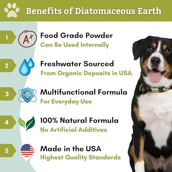 Wholistic Pet Organics Diatomaceous Earth - Food Grade for Dogs & Cats - 4 Oz - Multi Use Powder - Pet Safe Non-Chemical Freshwater Sourced Silica Supports Overall Health - Made in USA - 32 Scoops