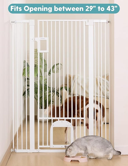 No Pawblems 55" Extra Tall Pet Gate with Adjustable Cat Door, 29-43" Auto Close Tall Dog Gate, NO Drilling Pressure Mounted for Doorways/Hallways, 1.37" Narrow Bar Spacing, White