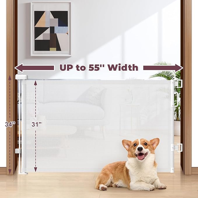 Retractable Baby Gates 2 Pack, 55" Wide Mesh Dog Gate Indoor, 34" Tall Gate for Stairs Doorways Hallways Deck, Child Pet Safety Gate for Indoor Outdoor Home Use, White