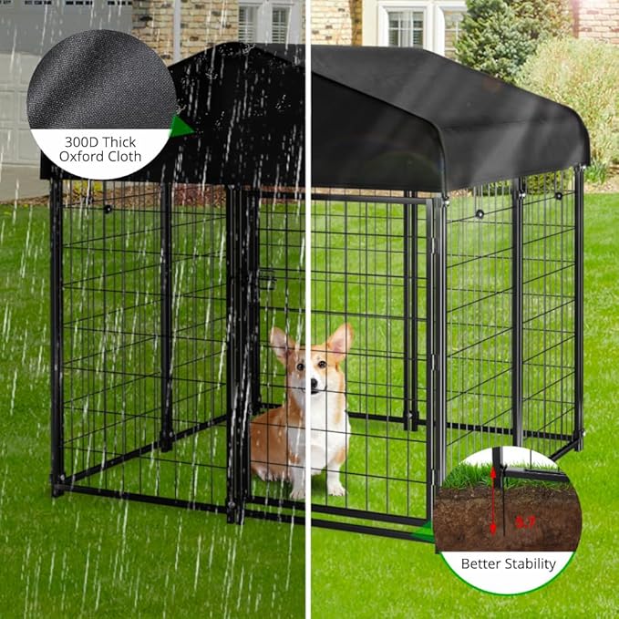 Dog Kennel Outdoor with Roof, 4'x4.2'x4.5' Welded Wire Dog Enclosures for Outside, Heavy Duty Dog Crate with UV-Resistant Waterproof Cover
