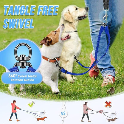 AUTOWT Double Dog Leash, No Tangle 360°Swivel Rotation Reflective Lead Attachment Adjustable Length Dual Two Dogs Lead Splitter, Comfortable Shock Absorbing Walking Training for 2 Dogs