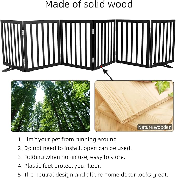 Dog Gate Indoor, Freestanding Dog Fence for The House, Doorways, Hallways,or Stairs,Pet Gate Foldable Wooden,Expandable 24" Height 6 Panels,Black