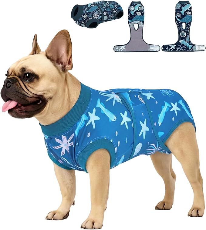 PetWarm Surgical Suit for Dogs, Onesie for Dogs After Surgery, Dog Pajama Recovery Suit, Lightweight Protective Onesie After Surgery, Anti-Lick Full Bodysuit, Marine Animal Patterns, Blue, XS