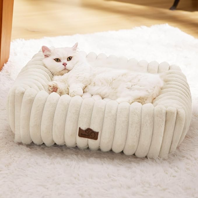 Bedsure ComfyFleece™ Cute Dog Bed for Small Dogs & Cats - Washable Furry Cat Beds, Rectangle Orthopedic Corduroy Fleece Puppy Beds with Removable Zipper Cover, 20x19x6inches, Cream