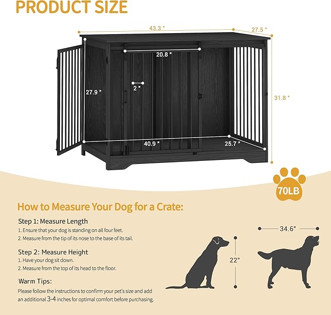 Hzuaneri 43.3" Dog Crate Furniture with Barn Door, Heavy Duty Dog Kennel Indoor with 2 Doors, Wooden Pet Cage End Table for Large Small Medium Dogs, Anti-Chew Anti-Escape, Black DFC92304B