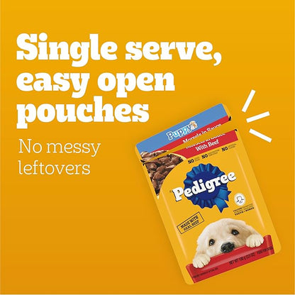 Pedigree Puppy Food Morsels in Sauce, Wet Dog Food Pouches, Beef Flavor, 3.5 oz. Pouches, 16 Count