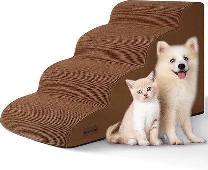 Aodisman 4-Step Dog Stairs and Ramp for Beds or Couches – Non-Slip Sturdy Pet Steps for Small Dogs and Cats,17.4" H,Brown