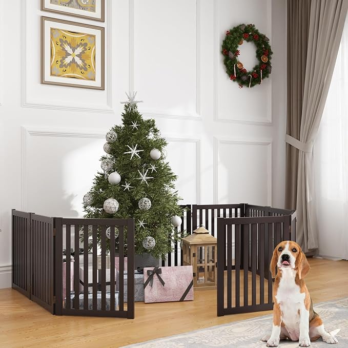WELLAND 24" Freestanding Pet Gate, Foldable Indoor Wooden Dog Puppy Gate, 3 Panel Step Over Fence, Expands Up to 60" Wide, Espresso