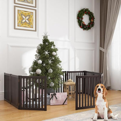 WELLAND 24" Freestanding Pet Gate, Foldable Indoor Wooden Dog Puppy Gate, 3 Panel Step Over Fence, Expands Up to 60" Wide, Espresso
