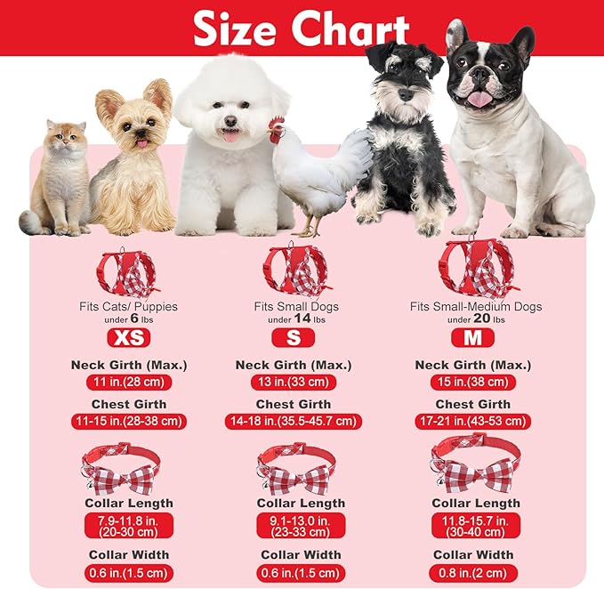 EXPAWLORER Cute Dog Harness Collar Leash Set - Red Girl Dog Harness Checkered Step-in Design, Detachable Bow Pet Collar, Adjustable No-Choke Lightweight Mesh Vest for Cats Puppy Small Dogs, XS