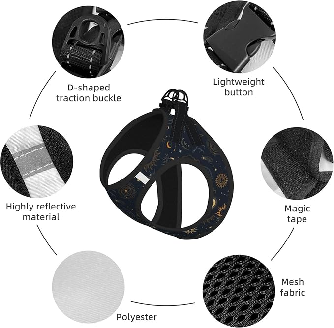Dog Harness and Leash Set with Celestial Moon Star Pattern, Breathable Mesh Vest with Reflective Strips, Adjustable No Pull Pet Harness for Small Dogs and Cats Medium