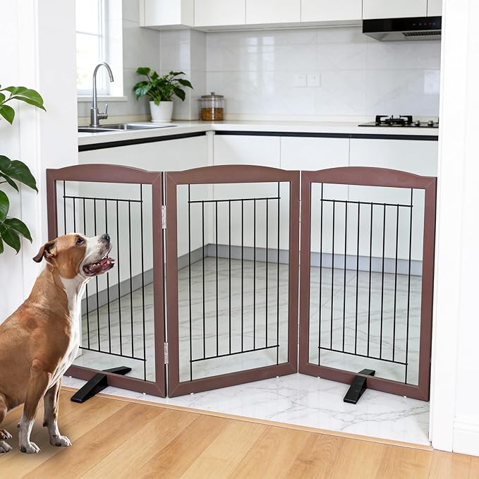 ZJSF Freestanding Dog Fence Indoor, Foldable Dog Gate for Doorways, Stairs or Hallways, Sturdy Wood Extra Wide Pet Gate with Support Feet for The House, Brown, 24 "Height-3 Panels