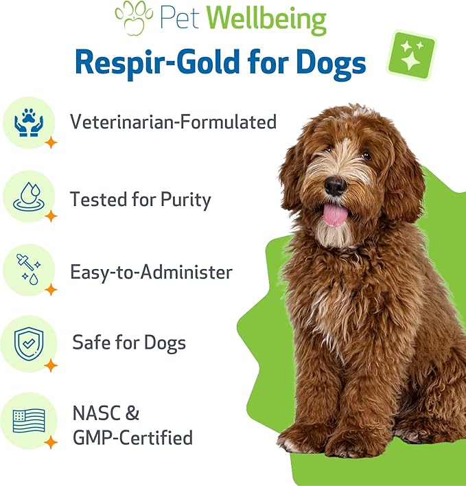 Pet Wellbeing Respir-Gold for Dogs - Lower Respiratory Support, Holistic Lung Health & Deep Breathing with Black Cumin & Horehound - NASC Certified & Vet Formulated - 2 oz Liquid Formula
