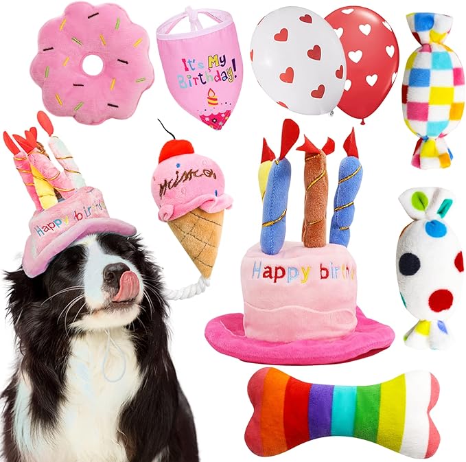 lilfrd Dog Birthday Toys Girl, Squeaky Plush Birthday Cake Hat Bandana, Birthday Gifts for Small & Medium Dog, 9 Pack Pink