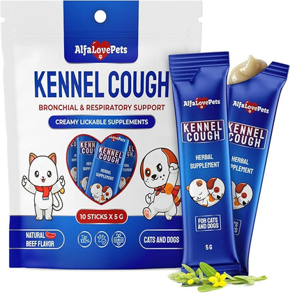 Kennel Cough Medicine for Dogs & Cats to Help with Sneezing, Allergies, Runny Nose – Squeezable and Lickable Dog Cough Medicine to Aid with Easy Breathing – Travel-Friendly 10-Sticks Pack 5 g Each