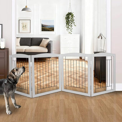 ZJSF Freestanding Foldable Dog Gate for House Extra Wide Wooden Grey Puppy Gate Stairs Dog Gates Doorways Tall Pet Gate 24" Height 4 Panels Pet Fence