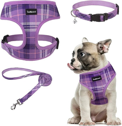 SCENEREAL No Pull Dog Harness Collar and Leash Set Small Medium Sized Dog, Soft Mesh Puppy Harnesses, No Chock Plaid Adjustable Pet Vest for Outdoor Walking Training and Running, Purple M