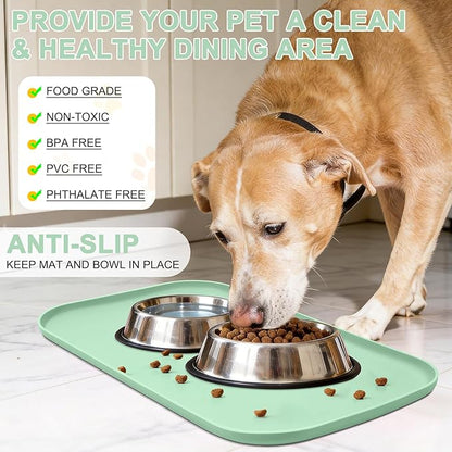 Smilool Silicone Pet Food Mat with Raised Edge for Food and Water Bowl, Dog Feeding Mats, Cat Food Trays for Floor Waterproof, Rubber Tray for Dogs and Cats, 24 x 16 x 0.8 Mint Green