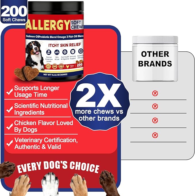 Dog Allergy Chew 200 - Piece Tablets: Probiotics - Powered Relief for Itchy Skin, Ears & Yeast Issues. Get to The Root, Ensure Comfort, Care for The Health of Your Beloved Dog (50)