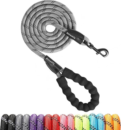Rttochfy Rope Dog Leash 2/4/5/6/8/10 FT with Comfortable Padded Handle and Highly Reflective Threads for Small Medium and Large Dogs Heavy Duty (1/2"-5 FT, Grey)