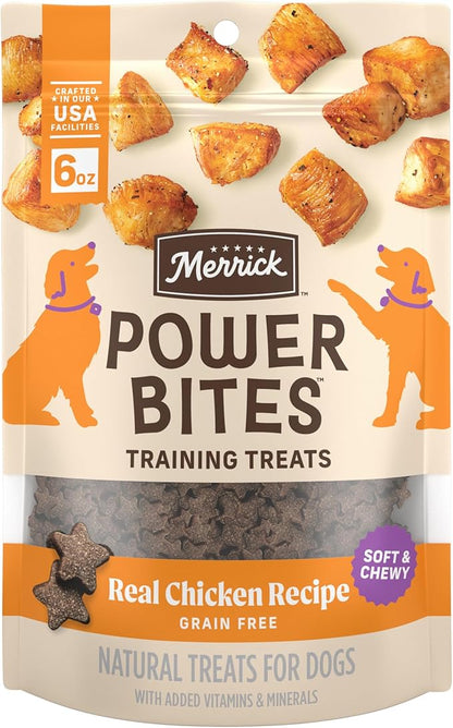 Merrick Power Bites Chicken Recipe Soft Dog Treats, Grain-Free Dog Snack with Real Chicken, 6 oz Bag