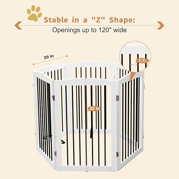 PUPETPO Freestanding Pet Gate for Dogs, Indoor Wooden Foldable Dog Gate for House, Extra Wide, Pet Fence for Stairs, Doorways, Halls, Support Feet Included, 120 Inch Wide, 6 Panels 32",White