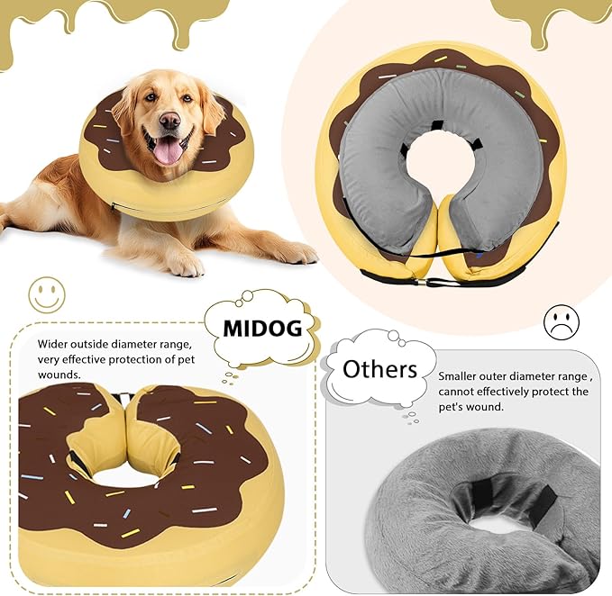 MIDOG Soft Inflatable Dog Cone, Donut E-Collar Alternative for After Surgery, Prevents Licking, Allowing Normal Eating & Vision, Comfortable Recovery Collar for Small Medium Large Dogs & Cats,Brown-L+