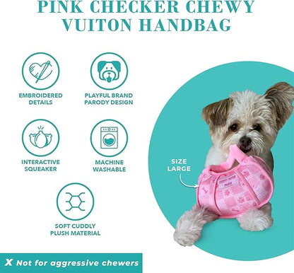 Haute Diggity Dog Chewy Vuiton Handbag Plush Squeaky Dog Toy, Soft Durable Designer-Inspired Stuffed Puppy Chew Toys for Small & Medium Dogs, Machine-Washable (Pink Checker) Large