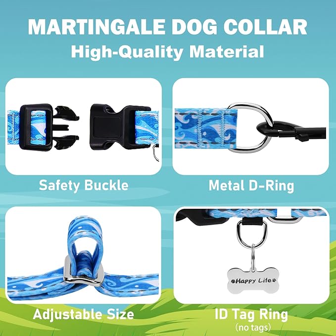 Reflective Martingale Collar with Quick Release Buckle Anti Pulling Boy Male Adjustable Dog Collars (Blue Waves, Medium)