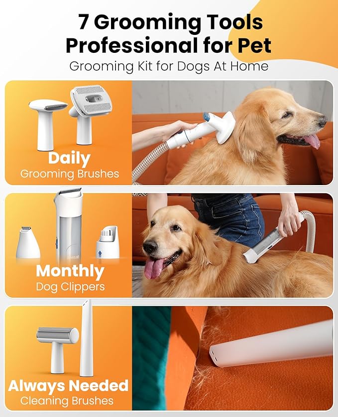 oneisall Dog Grooming Vacuum, 13000Pa Powerful 3L Dust Cup Pet Vacuum with Clipper Nail Grinder & Shedding Brush, 7 in 1 Dog Grooming Kits, Quiet, Large Capacity 3 Suction Levels, BM3
