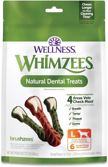 Whimzees Wellness Brushzees Dog Dental Treat, VOHC Accepted Chews, Freshens Breath, Large Size, 12.7 oz Bag, 6 Count