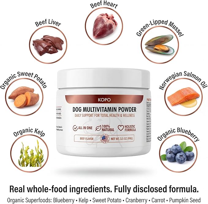Kopo Dog Multivitamin Powder | Supports Heart, Daily Vitality, Immune Health, Digestion, Skin & Coat and Hip & Joint | For Puppy, Adult & Senior Dogs | Beef Liver Flavor | All Breeds Sizes | 99 Scoops