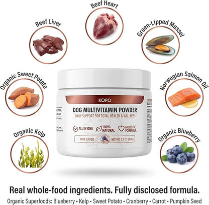 Kopo Dog Multivitamin Powder | Supports Heart, Daily Vitality, Immune Health, Digestion, Skin & Coat and Hip & Joint | For Puppy, Adult & Senior Dogs | Beef Liver Flavor | All Breeds Sizes | 99 Scoops