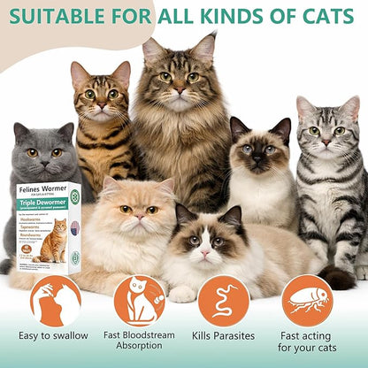 Cat Dewormer for Cats & Kittens –Broad Spectrum Triple Wormer Tablets with Praziquantel & Pyrantel Pamoate for Tapeworms, Roundworms & Hookworms, 48 Tablets