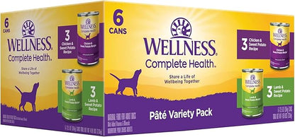 Wellness Complete Health Pate Variety Pack Adult Canned Wet Dog Food, Wholesome Grains, Natural, 12.5 oz, Pack of 6 Cans
