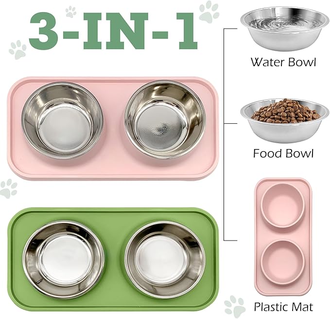 BNOSDM 2 Pcs Double Dog Food Bowls Stainless Steel Small Dog Food and Water Bowls with Non-Spill Plastic Mat Pet Cat Feeder Dish Set for Puppy Cats Kitten (Pink and Drak Green)