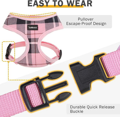SCENEREAL Puppy Dog Harness with Leash Set for Small Medium Sized Dogs, Soft Mesh Pet Harnesses and Leash, No Chock Plaid Adjustable No Pull Vest for Dogs Cats, Chihuahua,Bulldog (Pink XS)
