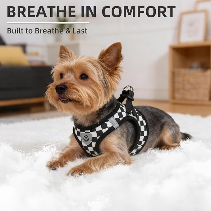 PUPTECK Adjustable Dog Harness Collar and Leash Set Step in No Pull Pet Harness for Small Medium Dogs Puppy and Cats Outdoor Walking Running, Checkered Black&White XS