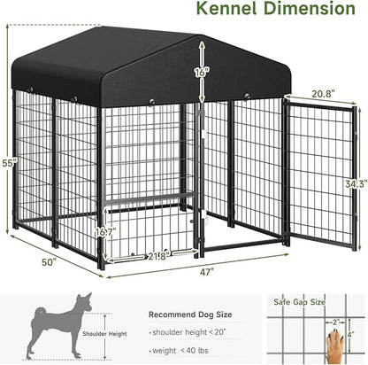 Dog Kennel Outdoor, Outside Dog Kennel with Roof & Removable Doggy Door Allow Connecting Your Dog House, Square Pet Enclosure Dog Run Yard for Medium/Small Dogs(4'L x 4'W x 4.6'H)