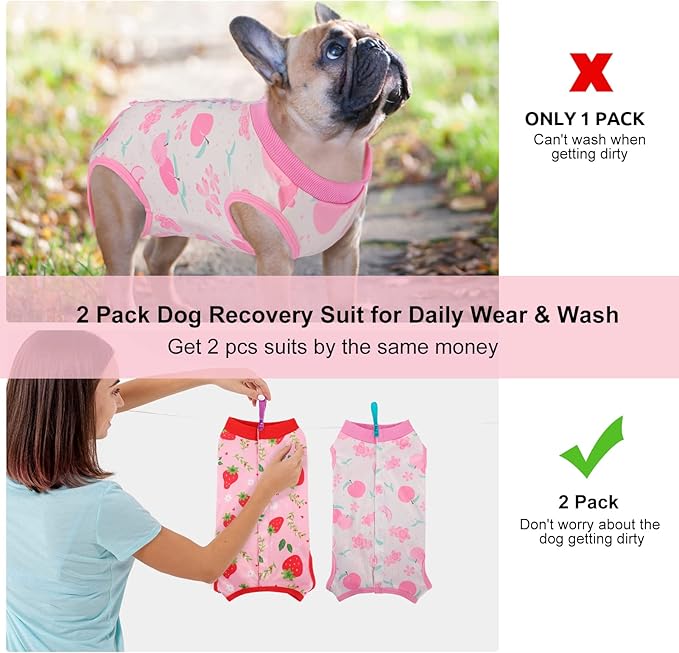 SAWMONG 2 Pack Recovery Suit for Dogs After Surgery, Dog Recovery Suit Soft Polyester, Pet Spay Surgical Suit Female Male, Dog Onesie Body Suit Substitute E-Collar Cone(Strawberry+ Peach,XXL)